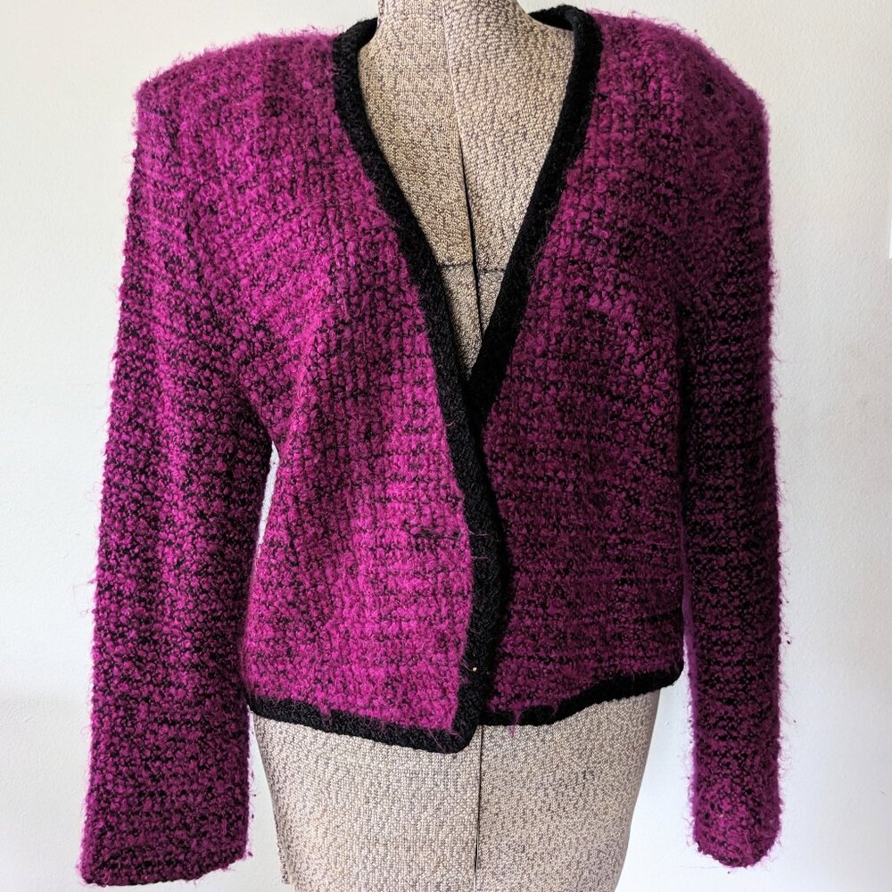 Vintage Koret Magenta Bouclé Blazer Jacket Women’s L – 80s Boxy Fit Shoulder Pad